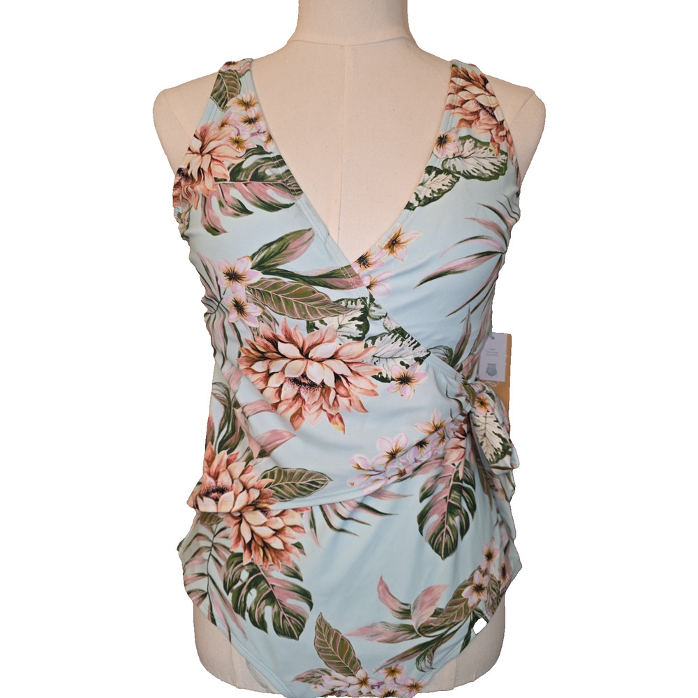 NWT S (4/6) Women's One-Piece Swimsuit Blue Floral Kona Sol MSRP $40